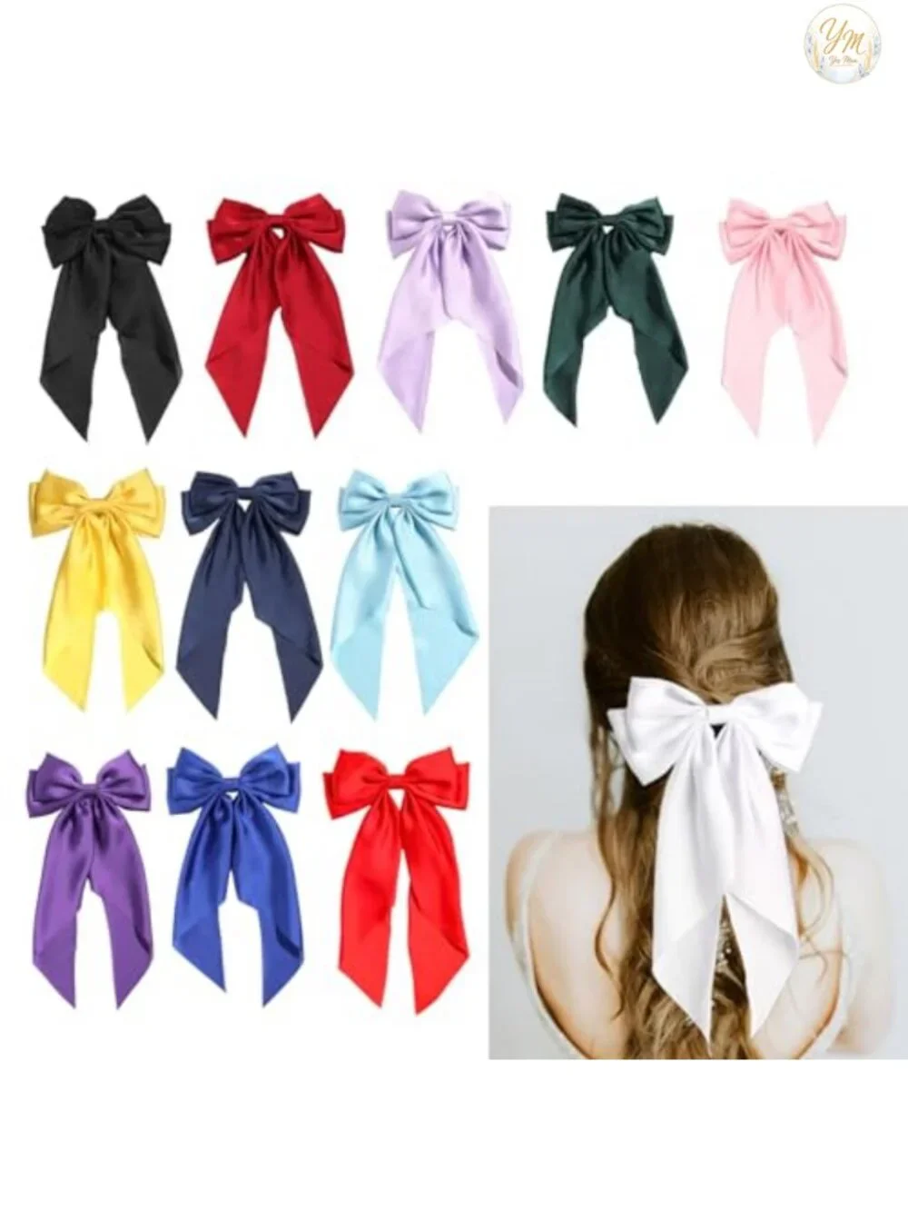 12pcs Satin Hair Bows with Long Tail, Vintage French Bow Barrette Clips for